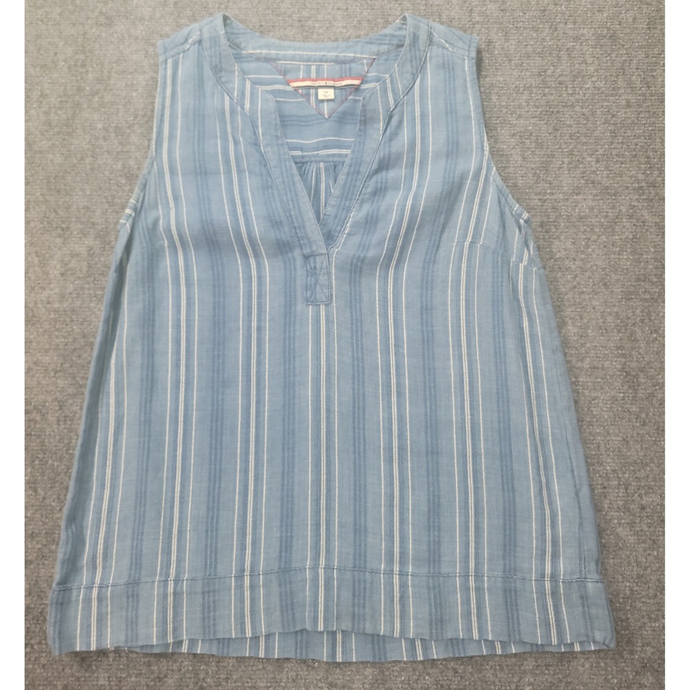 Tommy Hilfiger Womens Blue White Striped Sleeveless V-Neck Linen Blouse Small